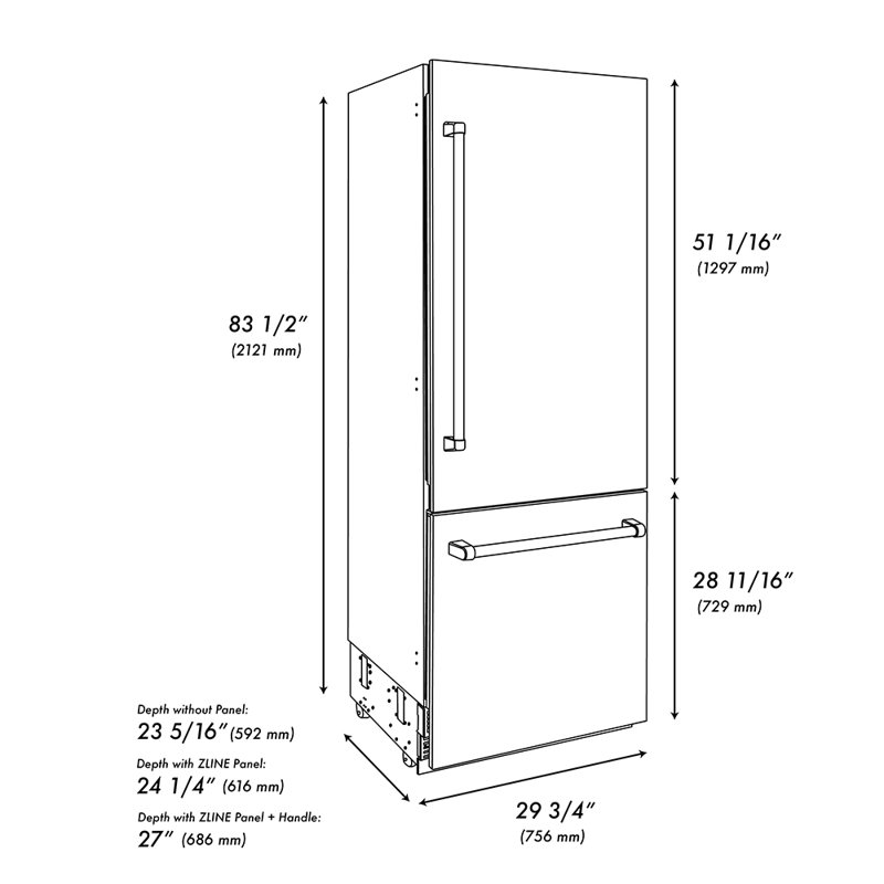ZLINE Autograph 30 in. Black Steel Built-In Refrigerator w/ Gray Interior and Gold Helix Handles, Gold