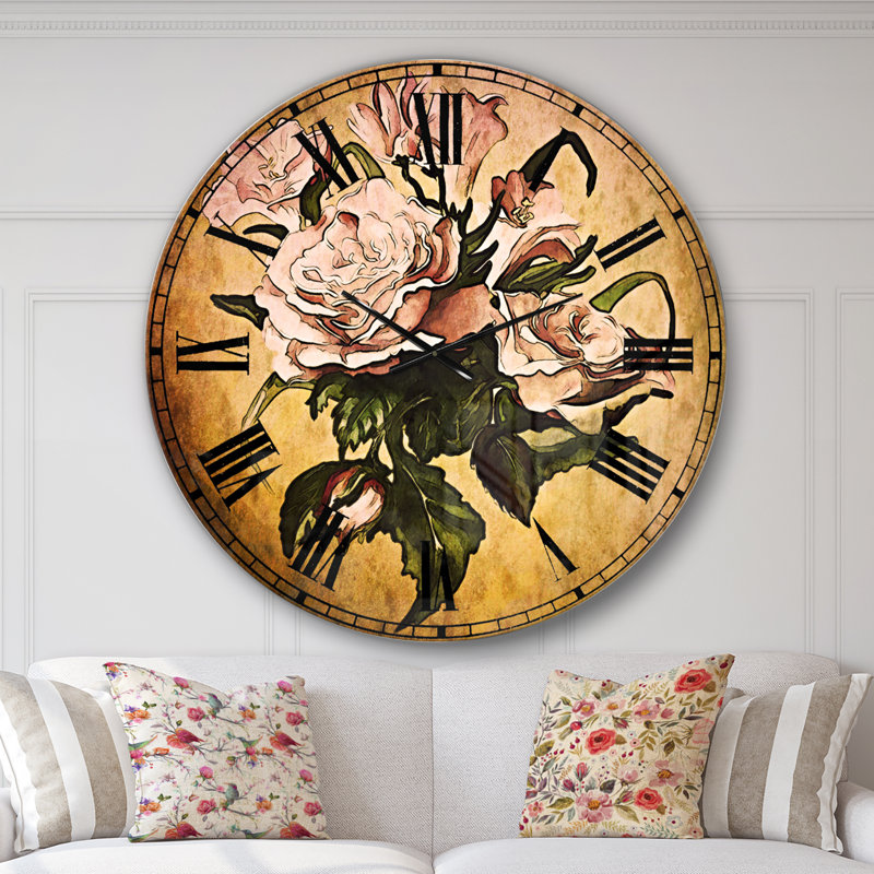 Rose rose avec feuilles aquarelle - horloge murale traditionnelle, Surdimensionné