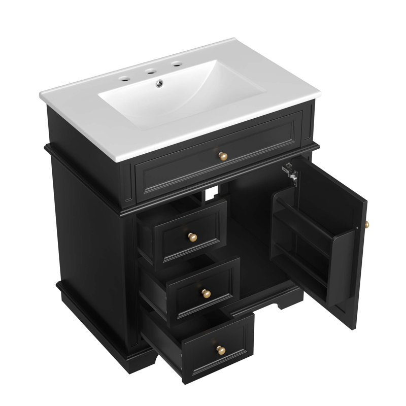 Meuble-lavabo de 30 po avec lavabo, un tiroir basculant, trois tiroirs, tablette de porte, porte à fermeture douce