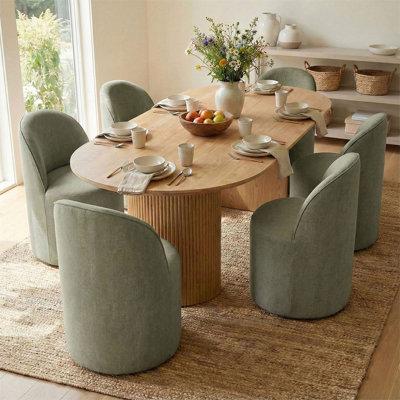 6 - Person Modern Organic Dining Table Sets With 79" Oval Dining Table & 6 Rolling Barrel Chair