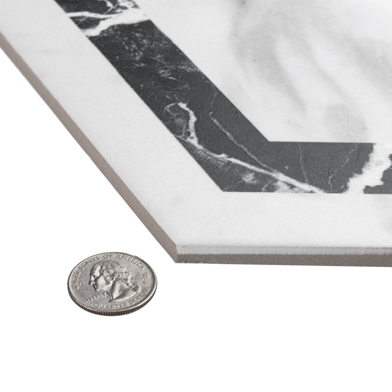 Carreau de marbre et de plancher en porcelaine 11 po x 13 po Marbilia Hex Venato avec Biotech, Gris / Noir