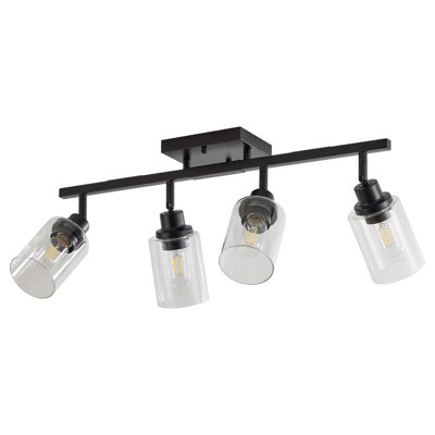 Plafonnier sur rail 4 lumières avec abat-jour en verre transparent, plafonnier semi-encastré noir moderne, plafonnier rotatif