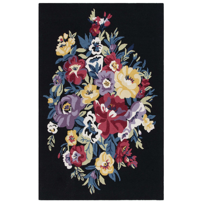 Chelsea Hand Tufted Wool/Cotton Floral Rug in Black/Rose, Rectangle 5' x 8'