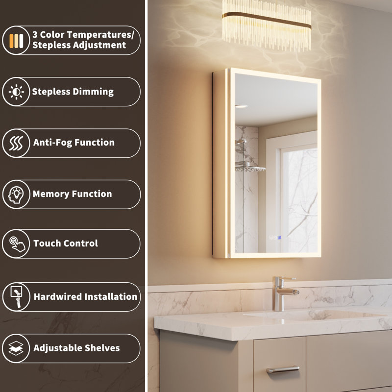 20'' W 32'' H LED Recessed or Surface Frameless Medicine Cabinet with Mirror and Defogger, Magnifying Mirror, Adjustable Shelves, USB & Outlet