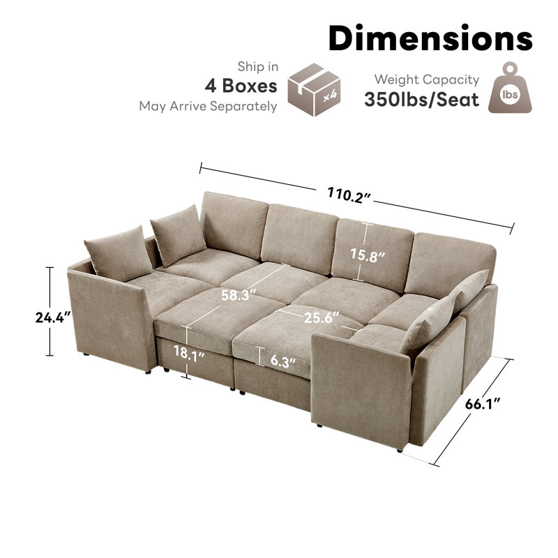 Canapé-lit modulaire rembourré modulaire avec repose-pieds 110,2 po Sarang, Mélange de polyester kaki