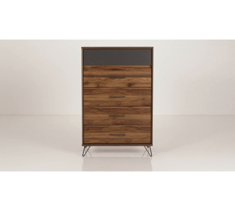 Olvyn Scandinavian 5-Drawer Tall Chest in Natural Walnut and Charcoal