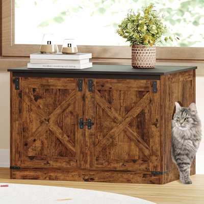 Cat Litter Box Enclosure with Cushion, Hidden Litter Box Furniture with Removable Dividers, Reversible Entrance Left or Right Side, Cat House, Rustic Brown and Black