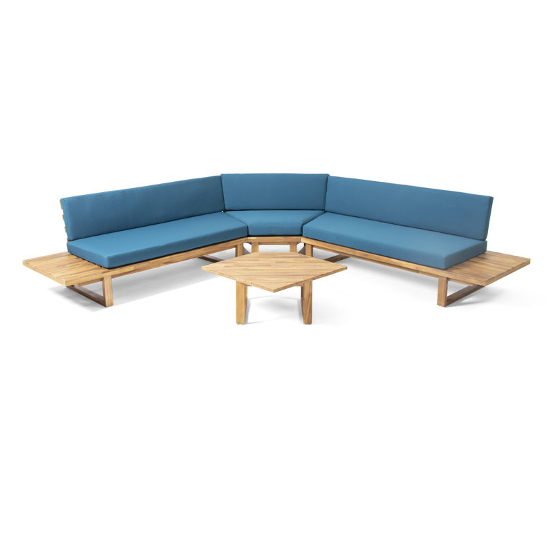 Ensemble de conversation modulaire en rotin avec coussins 4 pièces Akima, Bleu sarcelle / bleu sarcelle foncé