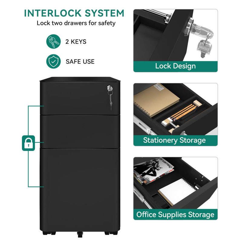 3 Drawer Filing Cabinet, Black