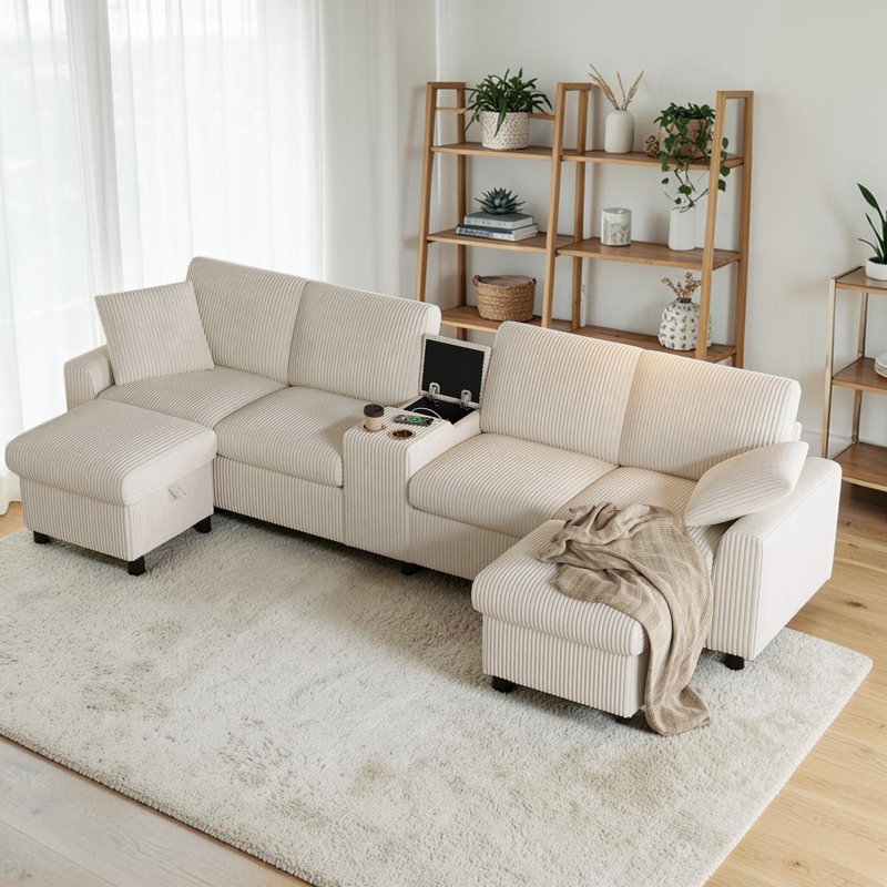 4 Seater Corduroy Sofa, Beige Corduroy