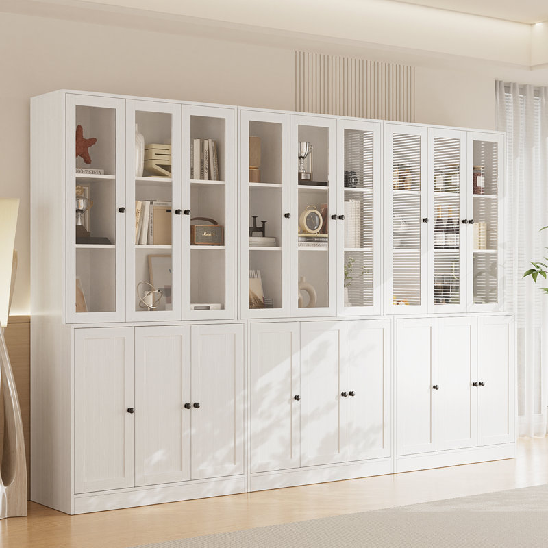 106.3" W X 70.9"H Book Cabinet Storage Bookcase, 5-Tier Modern Bookshelves With 18 Doors, White