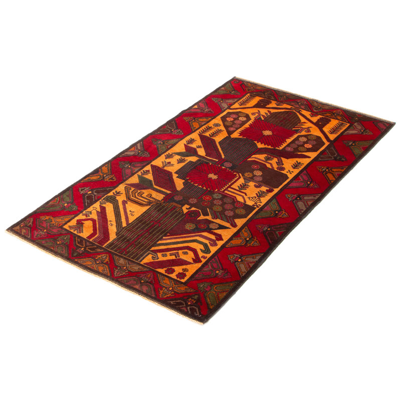 Tapis orange en laine noué à la main Baluch de conception unique 3 pi 8 po x 6 pi 8 po