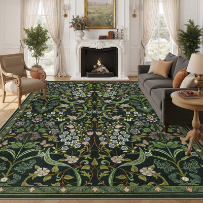 Farmhouse Floral  Area Rug Washable with Non-Slip for Playroom Living Room Bedroom -Green