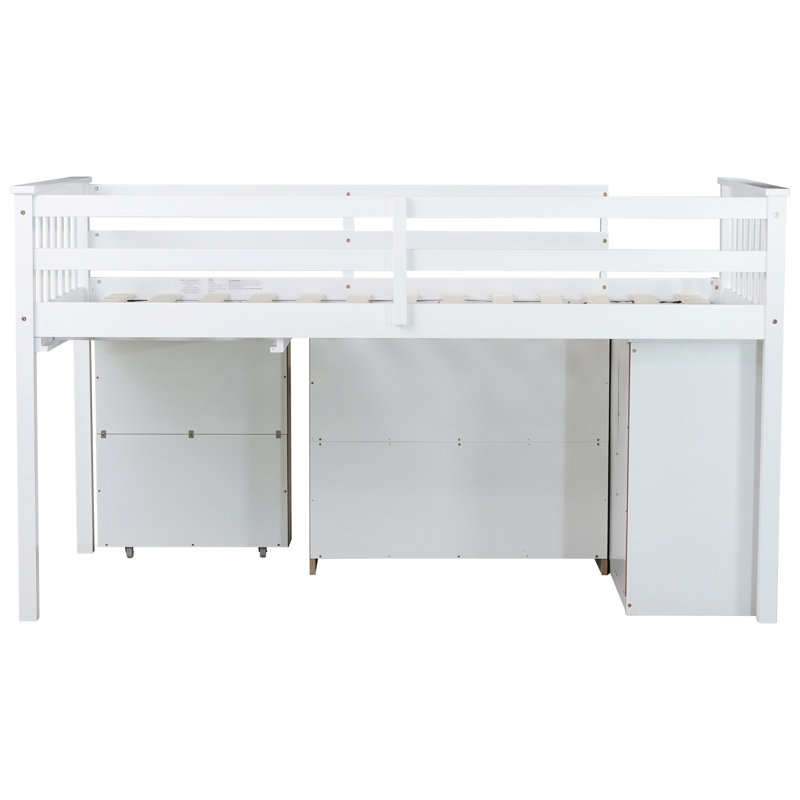 Lit mezzanine simple avec bureau coulissant, tiroir de rangement et tablette, structure en bois d'hévéa, barrières de sécurité et échelle, blanc