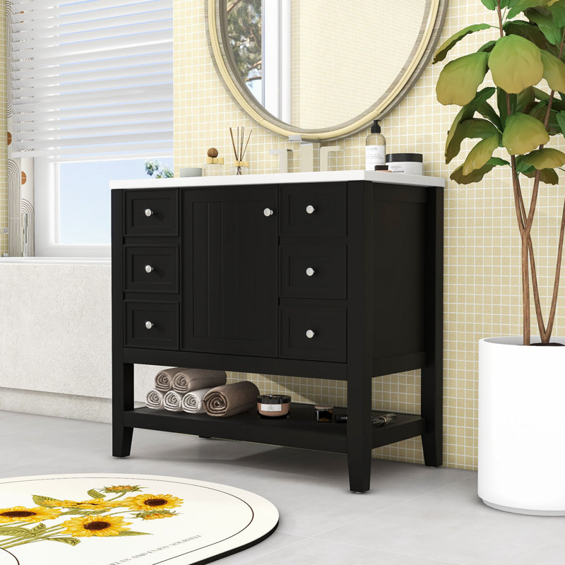 Meuble-lavabo simple en bois Volotta avec lavabo en céramique et rangement multifonctionnel, Noir, noir, noir, noir