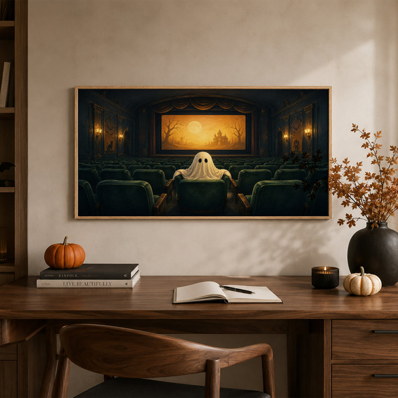 Tableau sur toile représentant une maison hantée et effrayante, observant un fantôme dans le noir, pour l'Halloween