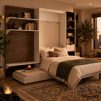 Lit escamotable double avec canapé, étagères de rangement et port USB, lit mural 2 en 1 gain de place pour chambre d'amis et bureau à domicile