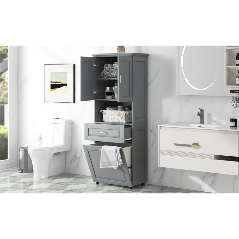 Armoire de salle de bain polyvalente avec panier à linge et rangement spacieux, un ajout pratique et élégant à toute salle de bain.