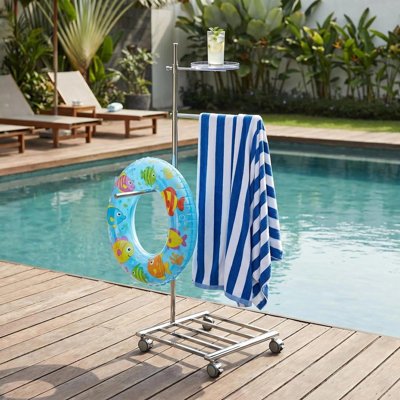 Pool Outdoor Towel Rack, Heavy Duty Standing Towel Rack with 2 Bars & Top Tray, 304 Stainless Steel Pool Accessories & Hot Tub Accessories Towel Drying Stand