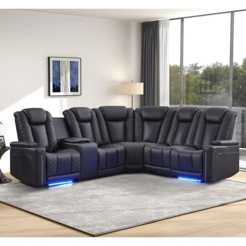 66.5" Wide Modern & Luxury Faux Leather Power Reclining Corner Sectional With Ambient Lighting