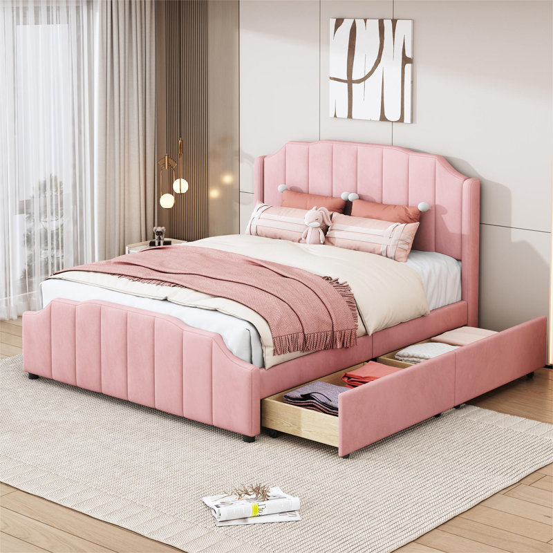 Bomford Upholstered Velvet Drawers Bed, European Double (140 x 200cm), Pink