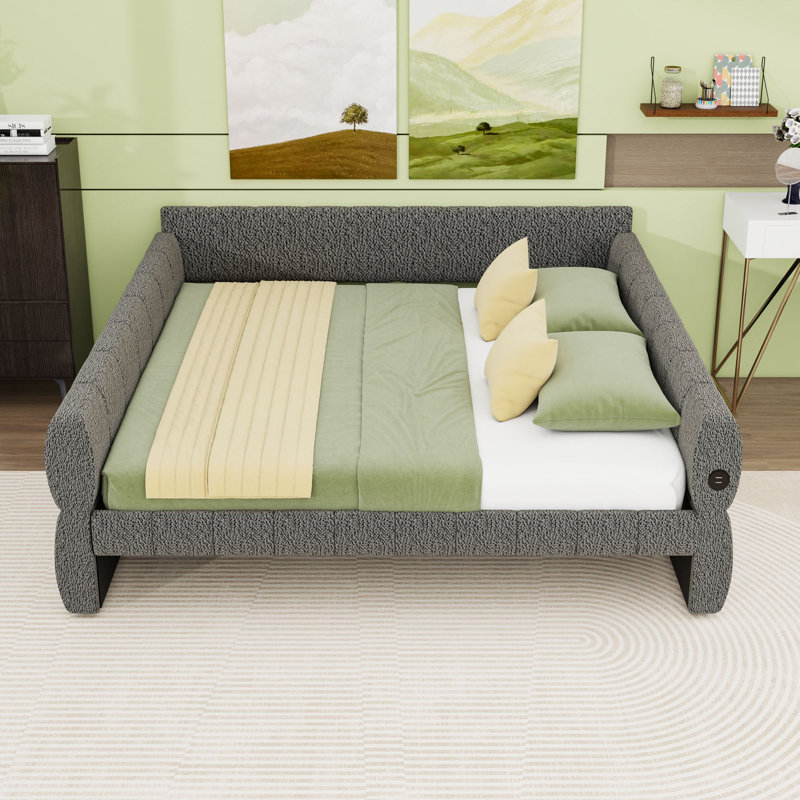 King Upholstered Daybed with USB Ports and Slats, Gray