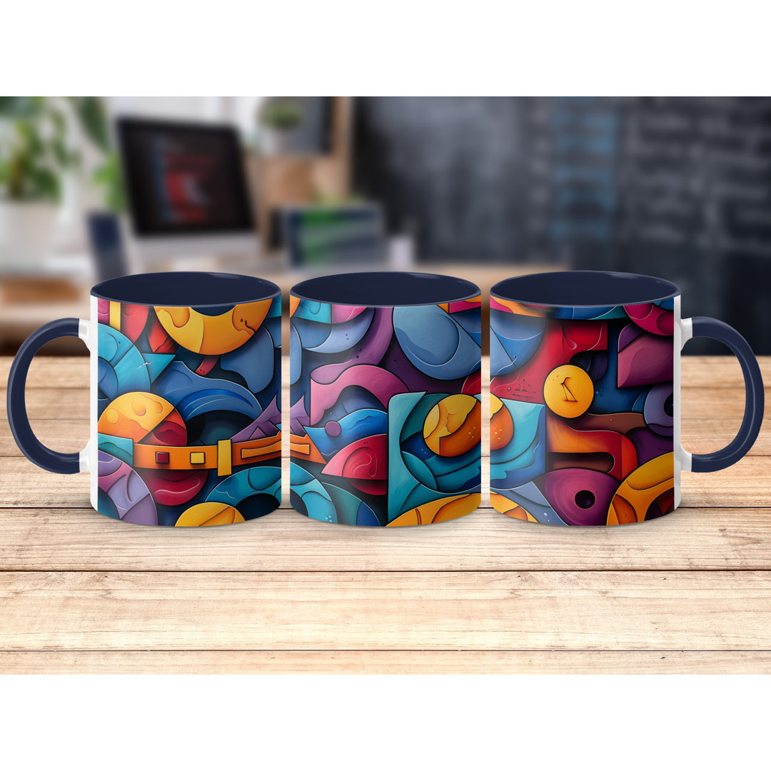 Set of 4 Colourful 3D Design 11oz Accent Mugs – White Ceramic Coffee Cups with a Navy Handle and Interior