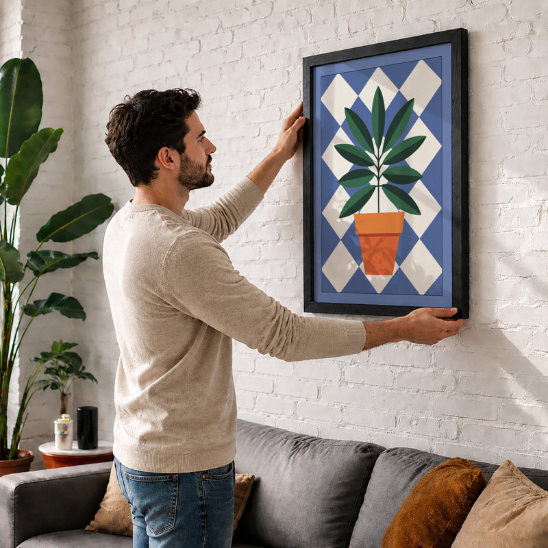 Potted Plant Geometry Botanical - Framed Print, Walnut, A3 - 42.0 x 29.7 cm