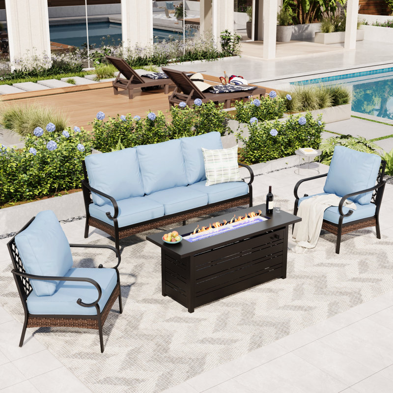 5-Person Patio Conversation Sets With Fire Pit Table, Black/Blue/Black