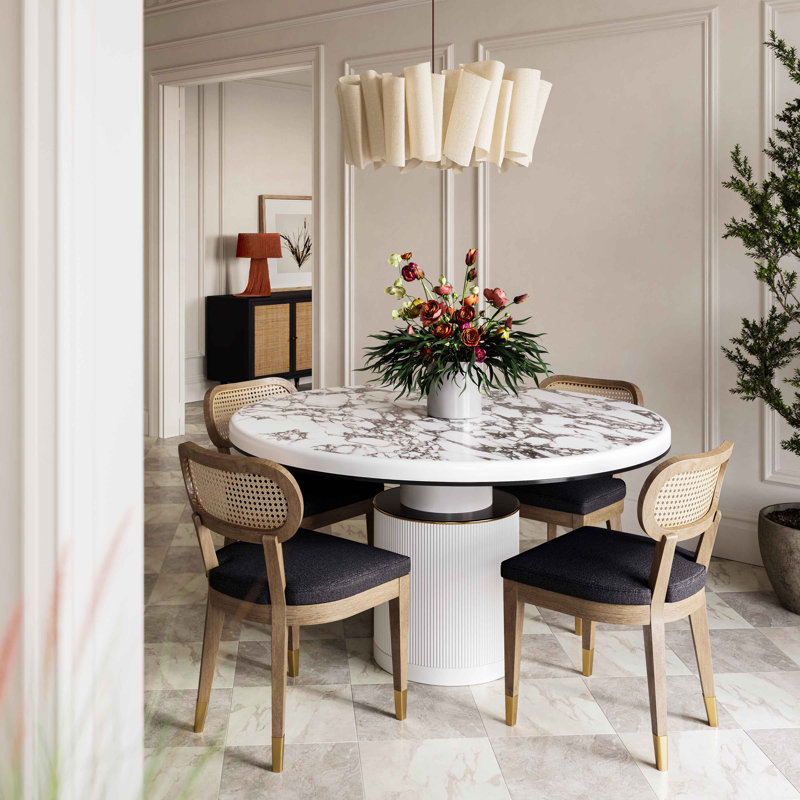 Vanessa White Marble and Wood Round Dining Table