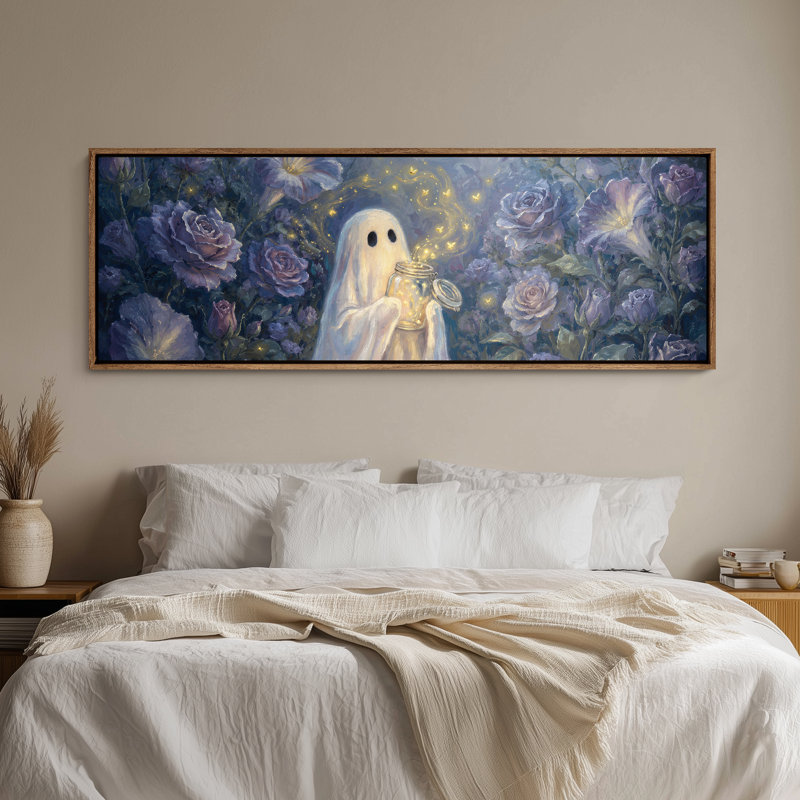 Tableau encadré grand format sur toile - Décoration florale nocturne avec fantômes, lucioles et lune - 152 x 51 cm ou 152 x 76 cm