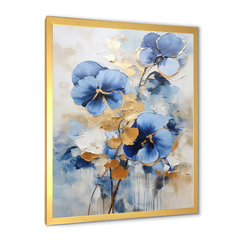 Bleu et or Minimalisme Pansy Radiance Bouquet II, Cadre doré simple, H 44 po x l 34 po x P 1,5 po