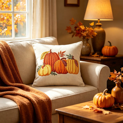 Décoration d'automne : Housse de coussin décorative en polyester brodée de citrouilles, idéale pour canapé, salon, chambre à coucher, etc. Décoration intérieure pour Thanksgiving.