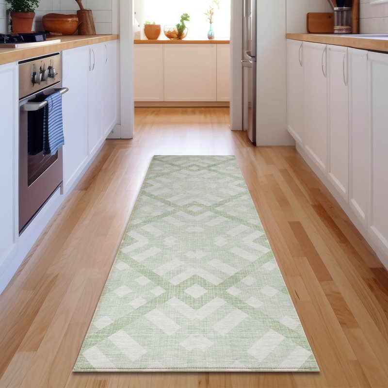 Premium Machine Washable Mayfield AMF616 Geometric Rug, Mint, 2'3" x 7'6" Runner