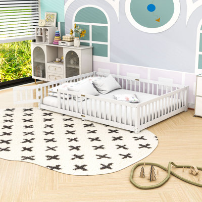 Wooden Bed With Slats And Safety Guardrails