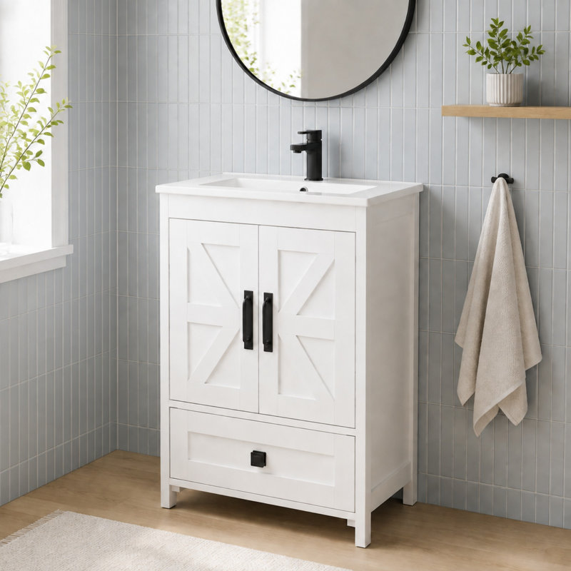 Meuble-lavabo de 61 cm (24 po) avec lavabo en céramique et rangement dissimulé (sans robinetterie) - Blanc, Blanc, 24 pouces