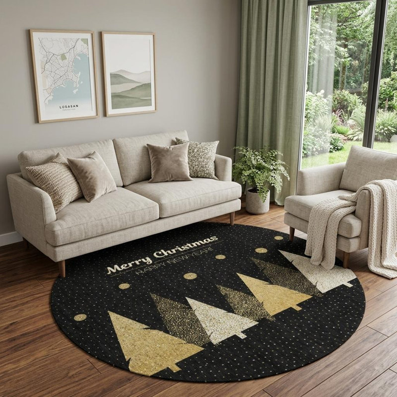 Tapis rond lavable en forme d'arbre de Noël doré et ivoire 8 pi avec protection UV