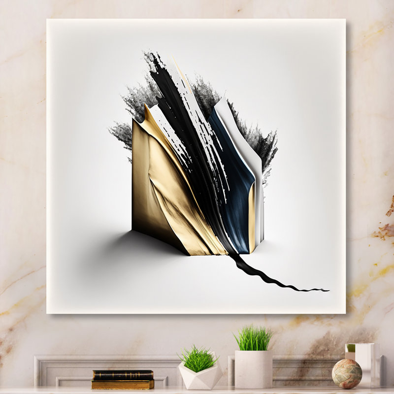 «Cubic», art cubique abstrait noir et or, H 16 po x l 16 po x P 1 po, Toile tendue
