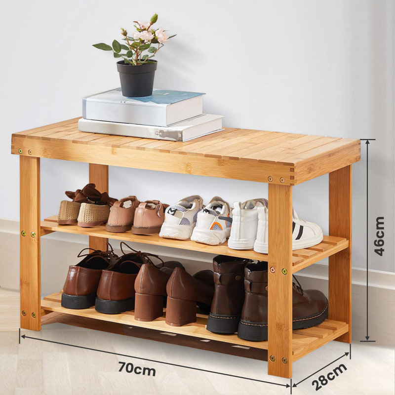 MantraRaj Bamboo Shoe Bench 3-Tier Shoe Rack Stand Seater Shoes Organizer 6 Pair Shoe Storage