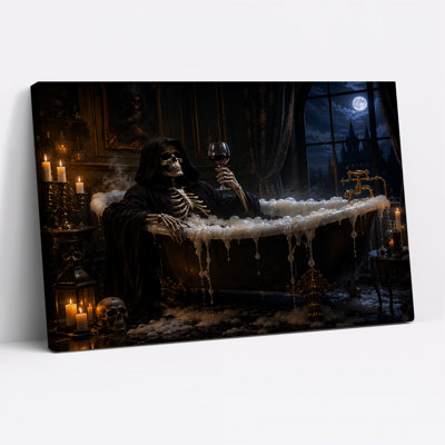 Gothic Skeleton in Bathtub with Wine Glass and Halloween Canvas Wall Art