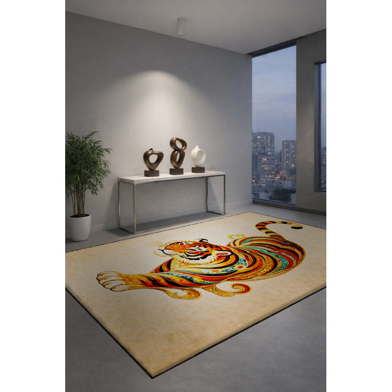Tapis beige tissé à imprimé tigre Mosso, 3'3" x 4'11"