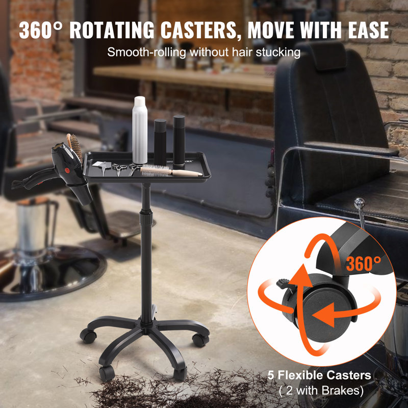 Black Adjustable Rolling Salon Tray Cart with Cold-Rolled Plate