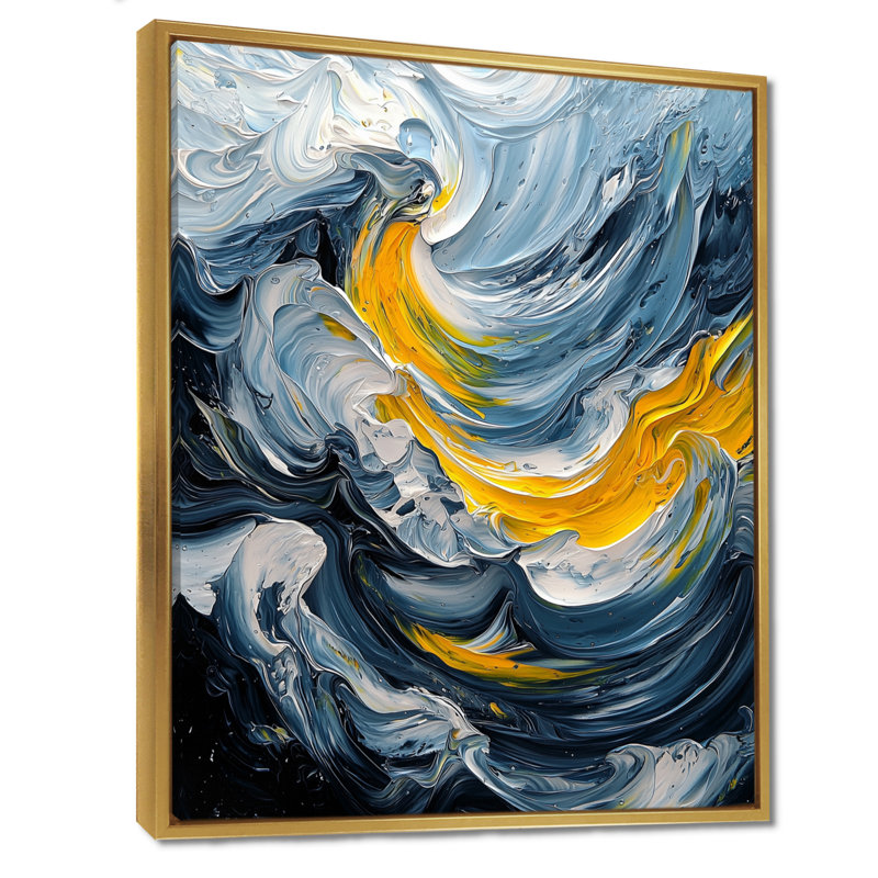 «Nudd Yellow and Gray Ink Oceanic Waves I», reproduction d'art sur toile, H 20 po x l 12 po, Reproduction avec cadre flottant
