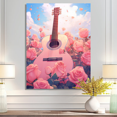 Guitare rose dans un champ de roses roses - musique, art mural