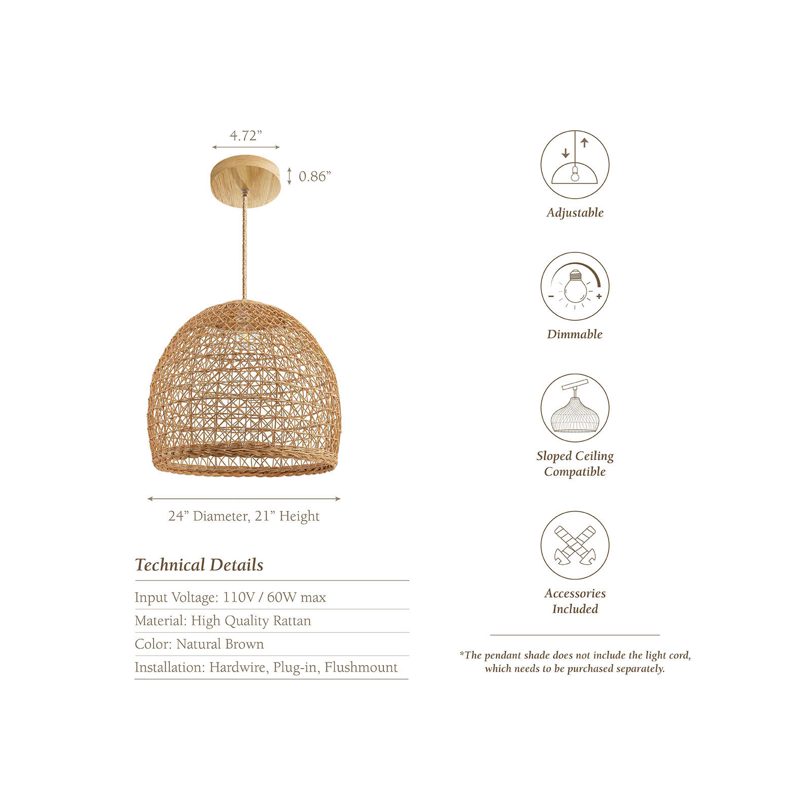 Outdoor Lumiere Dome Rattan Pendant Light, 16" H x 18" W x 18" D