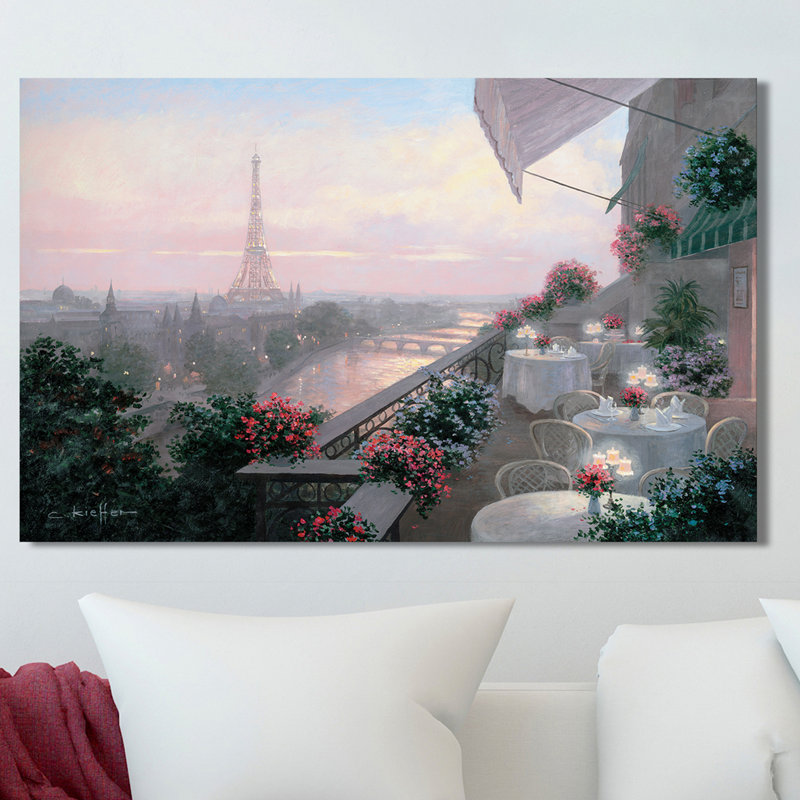 « dîner on terrace », reproduction de peinture à l’acrylique sur toile tendue, H 28 po x l 48 po
