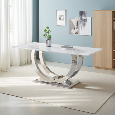 Table de salle à manger rectangulaire 69,30 pouces, plateau de table simple, plateau de table en bois aggloméré, miroir simple en acier inoxydable