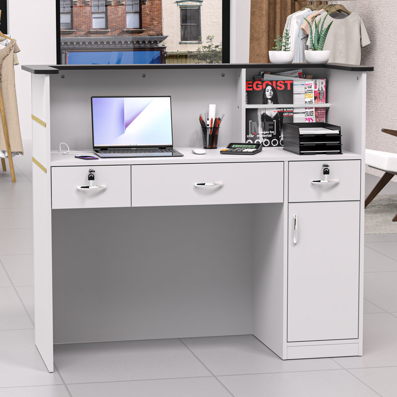 Wrought Studio Reception Desk with Counter, Modern Front Table Equipped Lockers & Storage Shelves, 48-inch Checkout Counter with DIY Stripe for Lobbies, Salons, Retail, Home Offices, Reception Room