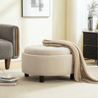 Repose-pieds rembourré rond avec couvercle réversible, tabouret de rangement en tissu polaire, repose-pieds à boucle décorative pour salon, chambre à coucher et bureau