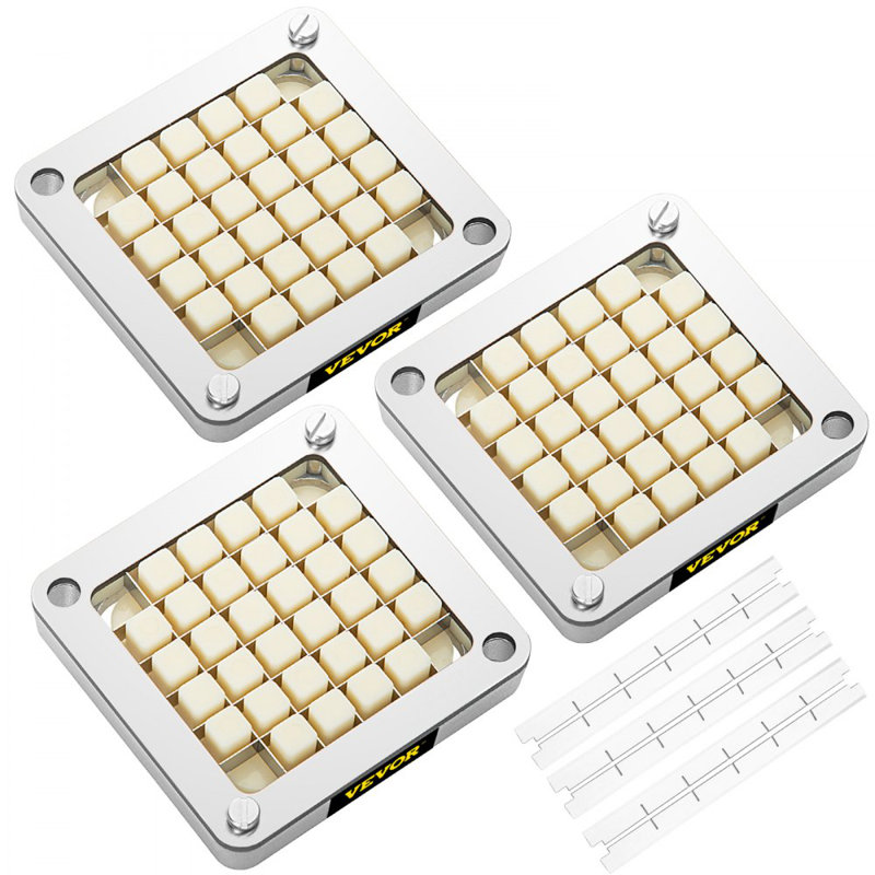 Replacement Chopper Blade, 1/2 inch, 3 PCS French Fry Blade Assembly with 6 Extra Knives, Stainless Steel Dicer Parts and Push Block for Cutting Potatoes Carrots Onions Cucumbers Mushrooms